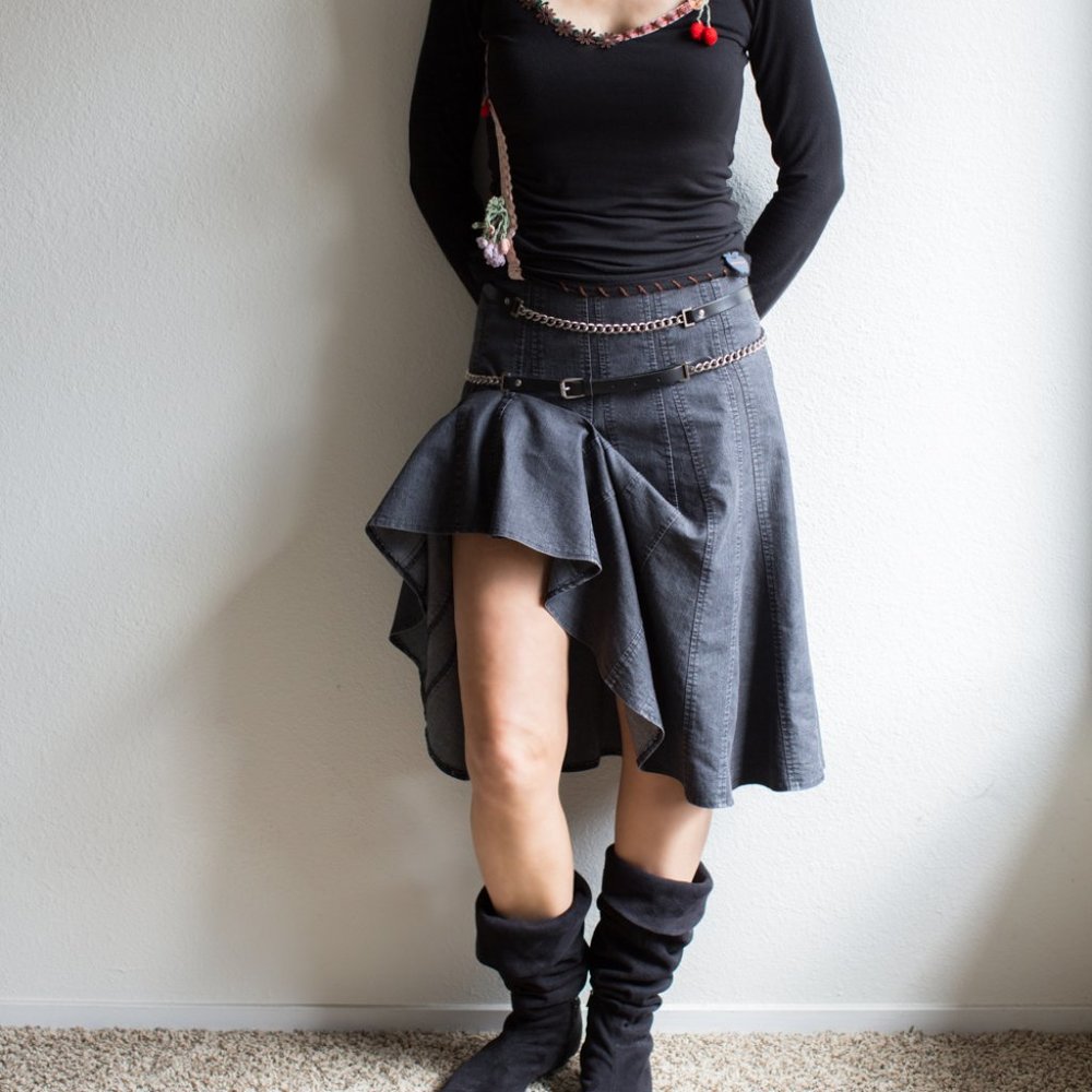 Unique Designer Jean Denim High Low Draped Skater Stretch Skirt 4 Faded Black
